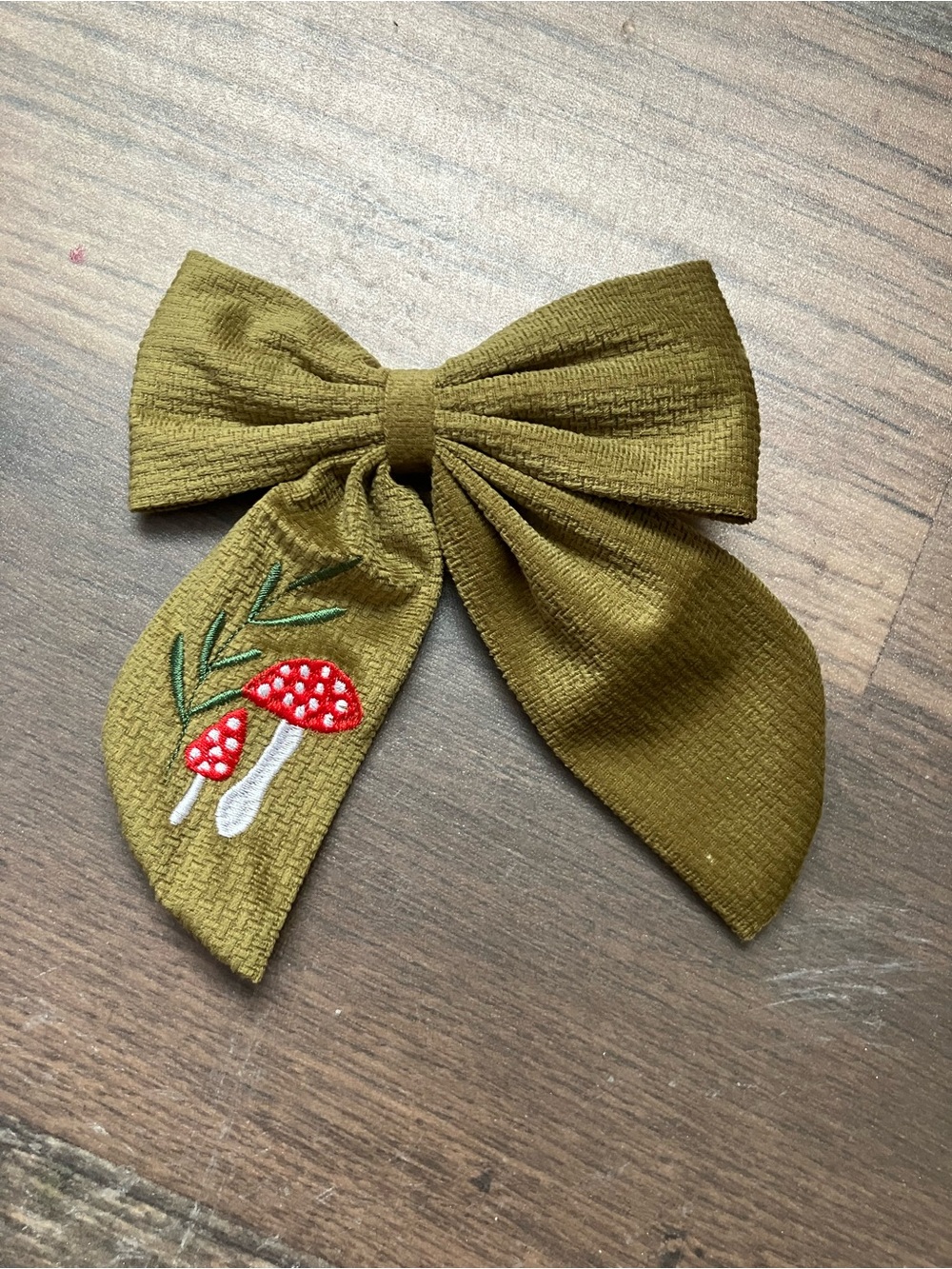Olive Green Bow Hair Clip with Embroidered Red Mushrooms